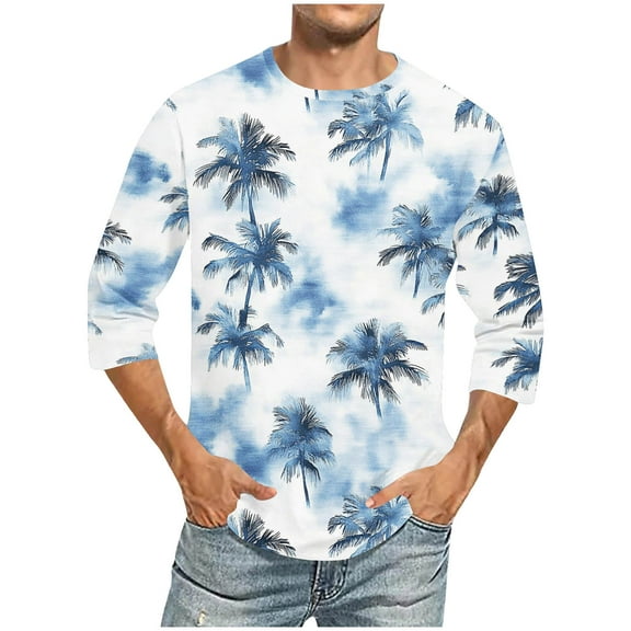 hlysgo Mens Three Quarter Length Sleeve Shirts Casual Summer Vacation Shirt for Men Trendy Palm Tree Graphic Tee Crewneck 3/4 Sleeve Tops Navy M