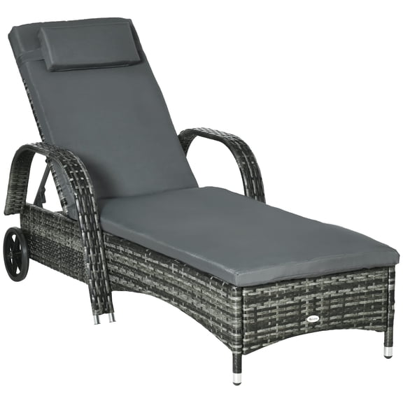 Outdoor Recliner Chaise Lounge with Cushion, 5-Level Backrest, PE Wicker Pool Chair on Wheels, Durable Patio Sunbathing Furniture, Mixed Gray