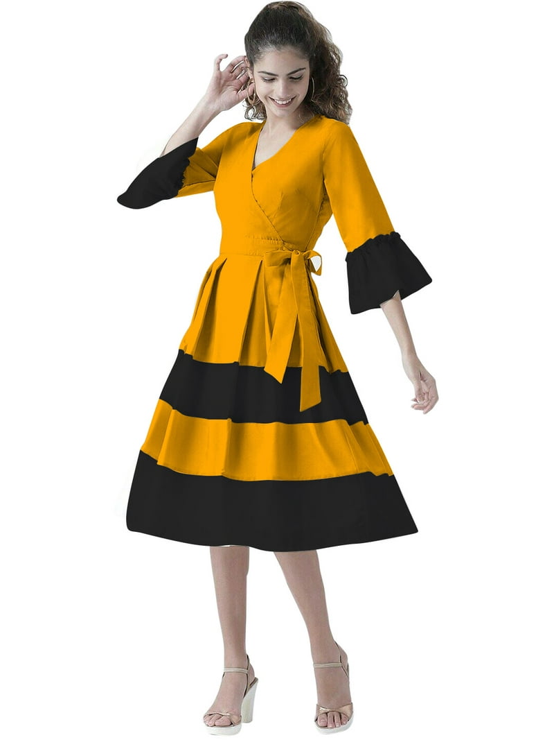 eloria Women Causal Midi Dress Party Wear Knee Long One Piece Dress Box  Plated Fit and Flare Dress, Color: Yellow 2, Size: XL - Walmart.com