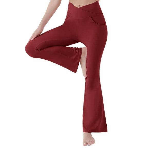 Women Stretch Bootcut Yoga Pants Casual Comfy V Crossover High Waist Workout Flare Leggings Pockets Skinny Long TrousersXLRed