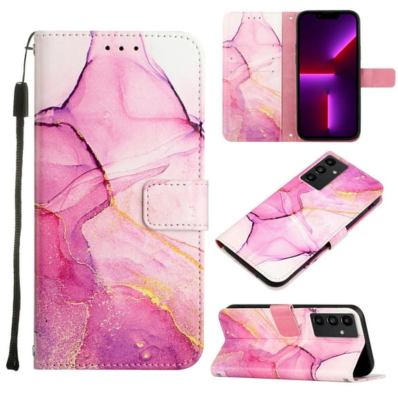 Nalacover for Samsung Galaxy A14 5G 6.6" PU Leather Wallet Case,Stylish Marble Pattern Magnetic Clasp Flip Kickstand Cash Pocket Wireless Charging Wrist Strap Cover for Girls Women,Rosegold