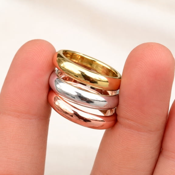 Dome Rings Set of 3 – Copper, 925 Sterling Silver and Brass Stacking Rings, Triple Metal Band Ring Set for Women