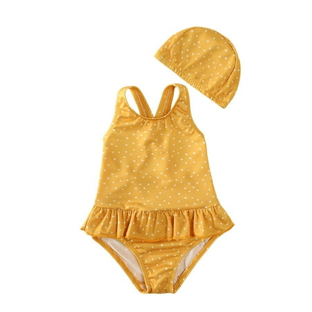 Rhuody Toddler Girl Swimsuit 2-3 Years 1 Pcs Swimwear Baby Floral Print Sleeveless Bathing Suit Bikini Tankini With Hat Trend Playsuit Yellow