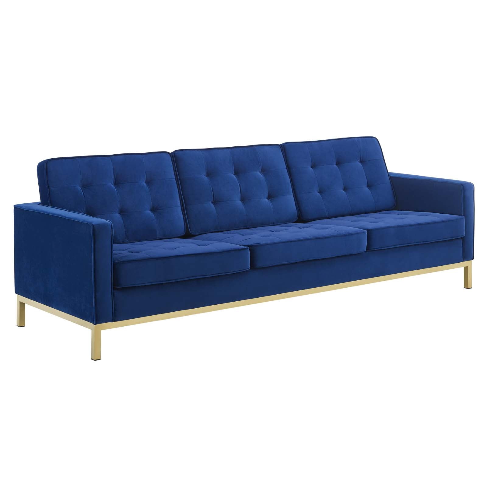 Gold Stainless Steel Leg Performance Velvet Sofa, Gold Navy