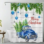 HVEST Farmhouse Christmas Shower Curtain for Bathroom,Christmas Tree on Retro Blue Truck Fabric Shower Curtain with Hooks, Blue Silver Christmas Ball Bathroom Curtains Shower Set, 60x72 inches