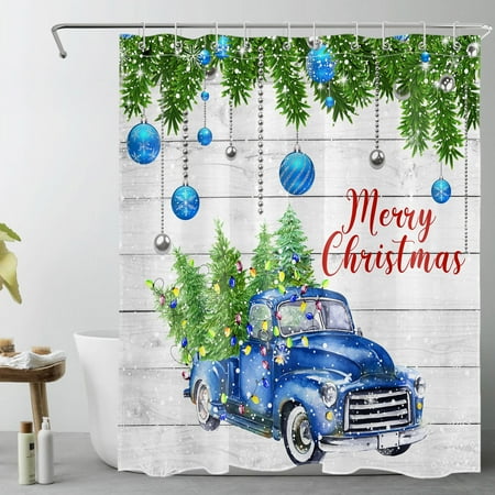 HVEST Farmhouse Christmas Shower Curtain for Bathroom,Christmas Tree on Retro Blue Truck Fabric Shower Curtain with Hooks, Blue Silver Christmas Ball Bathroom Curtains Shower Set, 60x72 inches