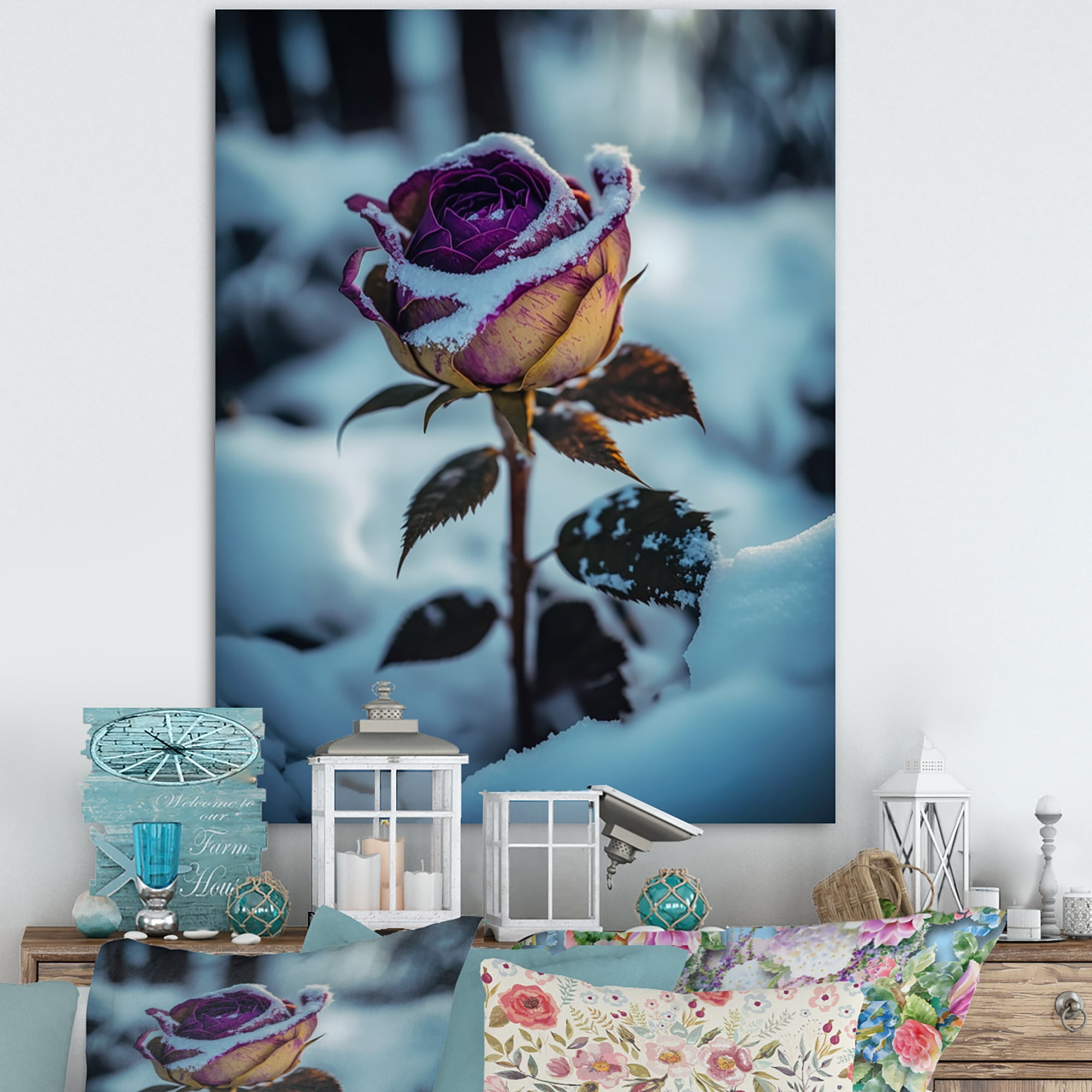 Designart A Blooming Purple Rose Flower In Winter I Canvas Wall Art