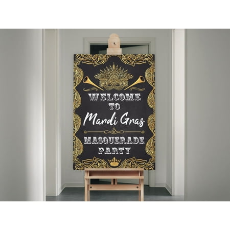 Gold Mardi Gras Party Sign, Black and Gold Backdrop, Masquerade Party Banner, Mardi Gras Party Decorations, Welcome Signs, Masquerade Party Supplies, Carnival Party Sign,  Size- 36x24