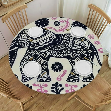 

Patifu Elephant Pattern Round Table Cover Stain Resistant Washable for Indoor Outdoor Kitchen Dining Wedding Parties 100% Polyester Outdoor Picnic Camping with Elastic Edge 38 -42