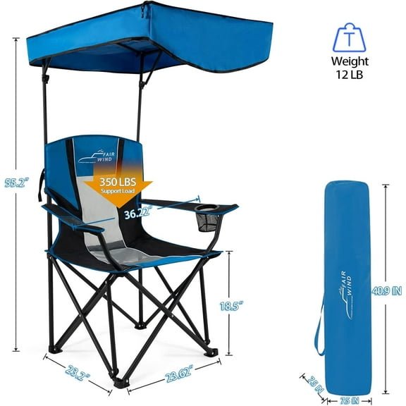 Oversized Camping Lounge Chair with Adjustable Shade Canopy - Support 350  Heavy Duty Fold Quad Chair Arm Chair