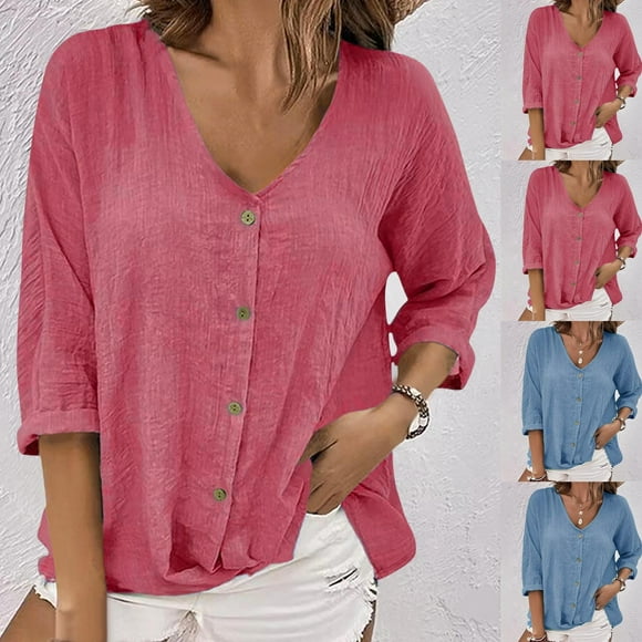 Sentmoon Linen Tops for Women 3/4 Length Sleeve Button V Neck Beach Tshirts Solid Color Loose Concert Outfits for Women 2025 Summer Comfy for City Sightseeing XXXXL