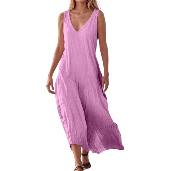 Women's Casual V-Neck Maxi Dress Solid Color Long Dress Sleeveless Tiered Loose Beach Sun Dresses 2025 Summer