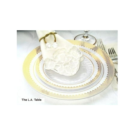 

Princess Gold 10 1/4 White Dinner Plastic Plates w/ Gold Stripes and Dots 10ct.