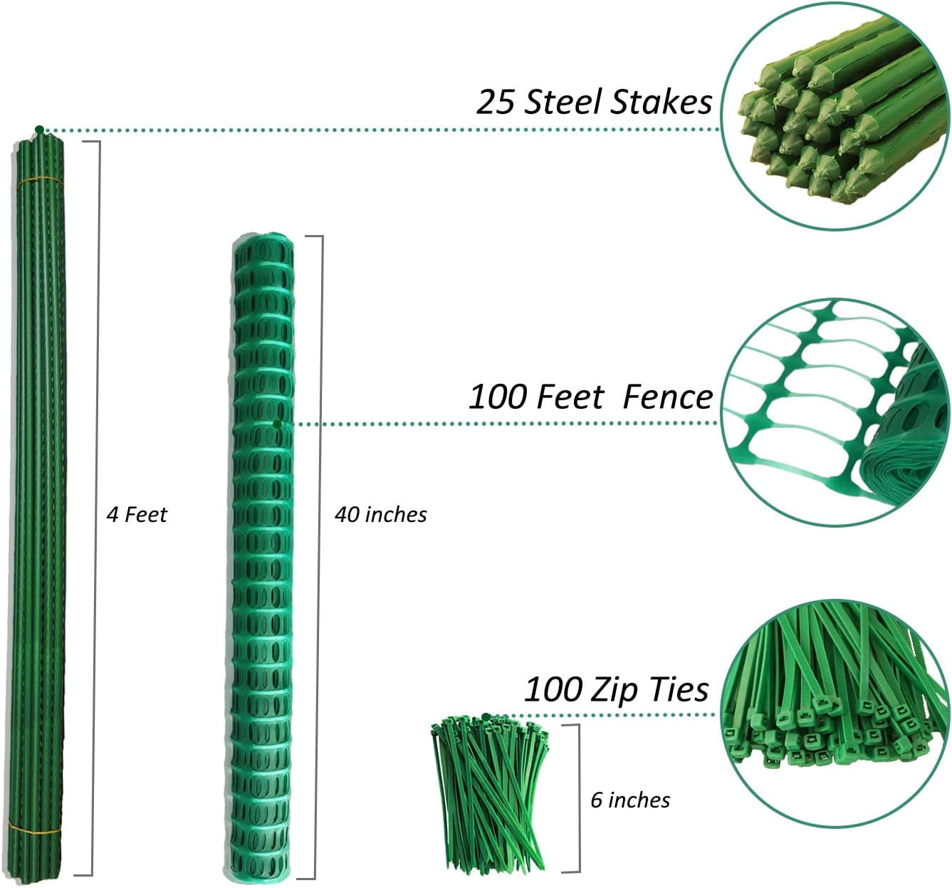 Garden Fence 100ft Green Plastic Netting with 25 Steel Stakes and Zip Ties