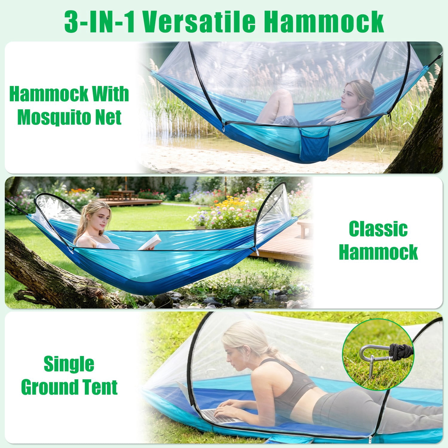 Lightweight Camping Hammock with Pop-Up Mosquito Net, 3-in-1 Portable Hammock Tent with Dual Zippers Side Pocket, 440lbs Load Capacity 70D Nylon for Outdoor Hiking Backpacking