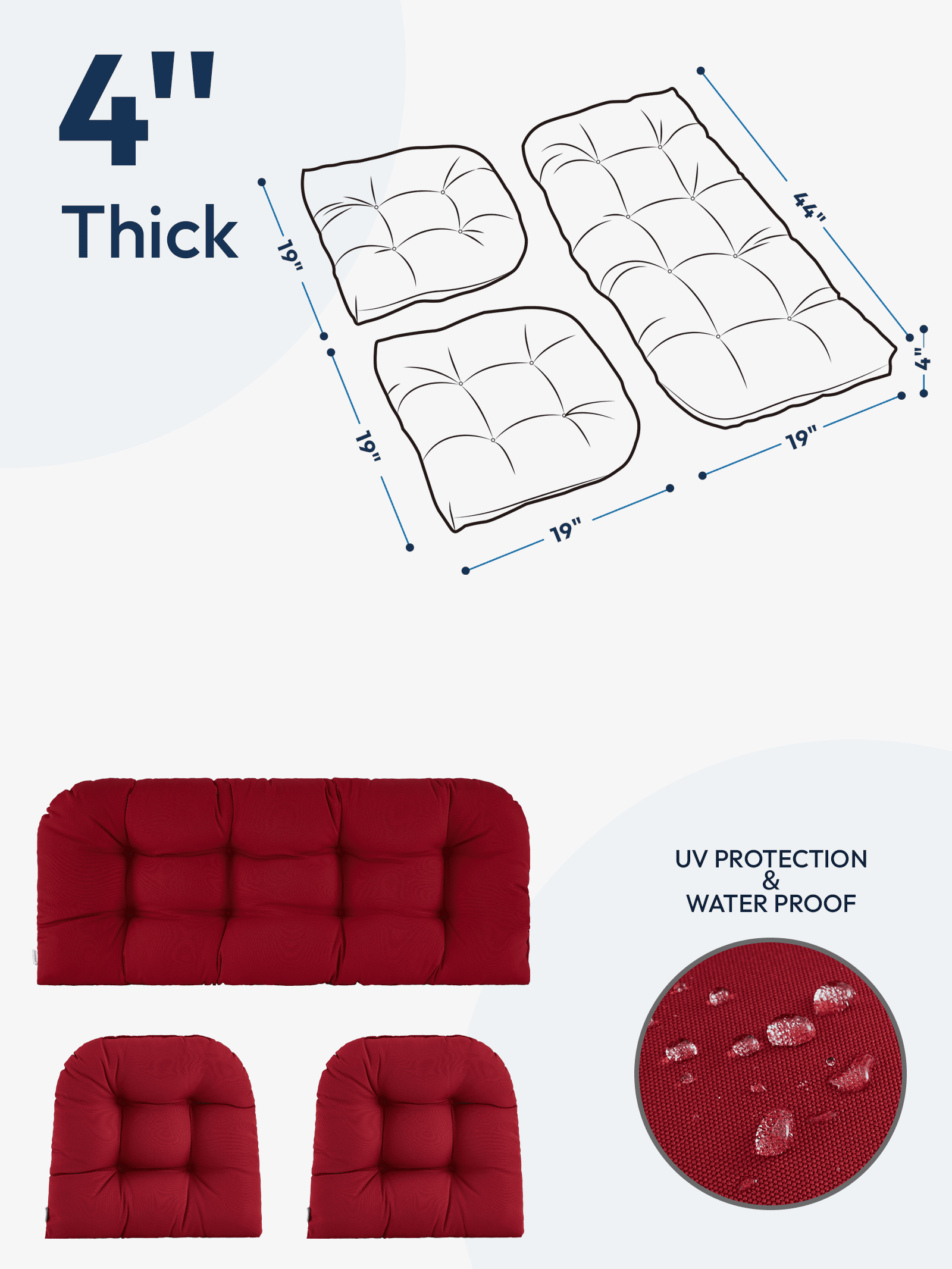 ZEOLABS Outdoor Wicker Chair Cushions of 3 Pieces Waterproof Tufted Seat Cushions set for Patio Furniture Sofa Bench Settee Couch, 1 Loveseat and 2 U-Shaped Cushions, Burgundy