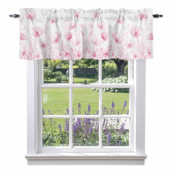 Pink Spring Floral Kitchen Curtain Valances for Windows Farmhouse Short Curtains, Summer Botanical Watercolor Vintage Rod Pocket Valance Curtain for Bedroom Cafe Living Room 42"x12"