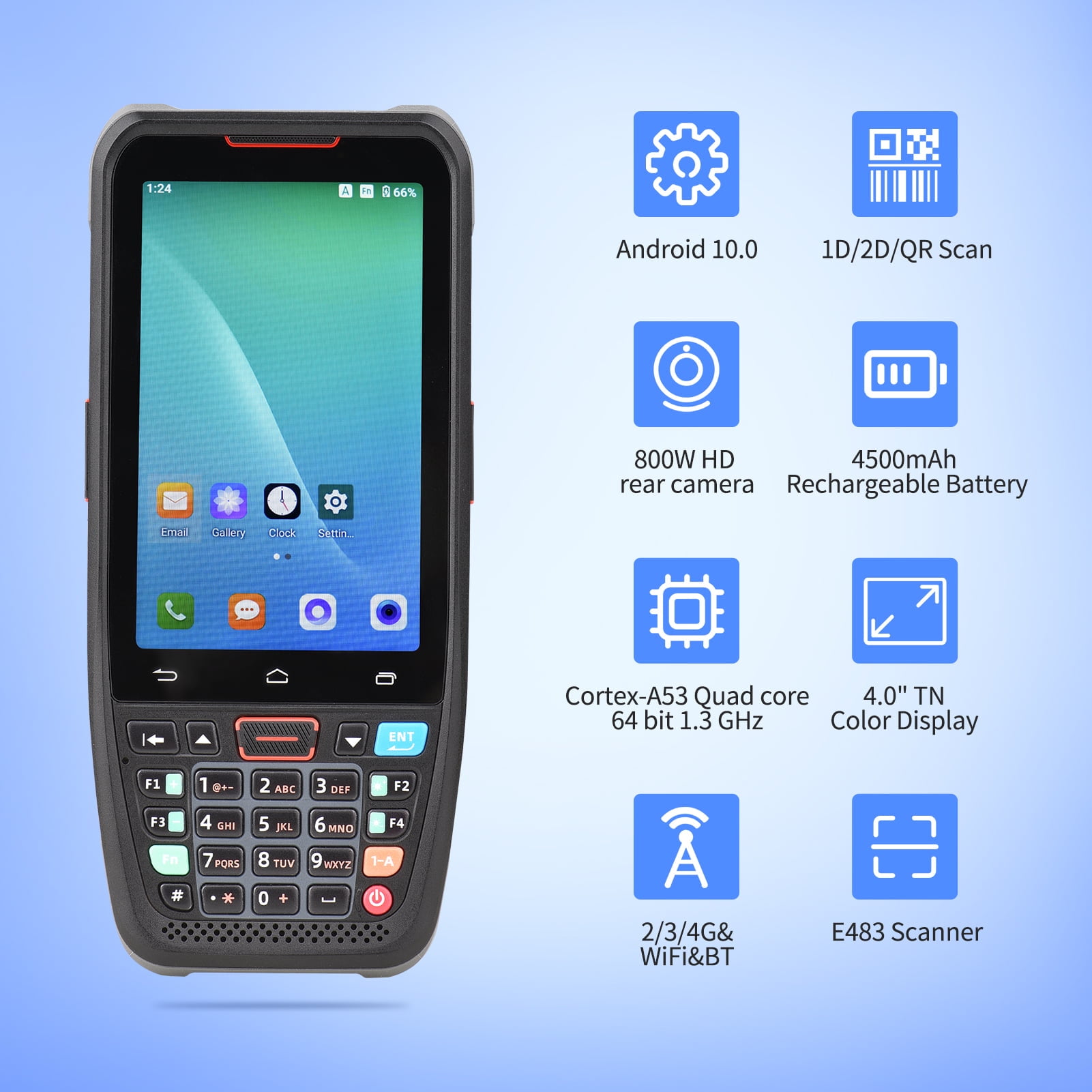 Handheld POS Android 10.0 PDA Terminal 1D/2D/QR Barcode Scanner Support 2/3/4G WiFi BT Communication with 4.0 Inch Touchscreen for Supermarket Restaurant Warehouse Retail Inventory Logistics