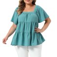 thumbnail image 2 of DARING DIVA Women's Plus Summer Square Neck Short Sleeve Tops 1X Lake Blue, 2 of 6
