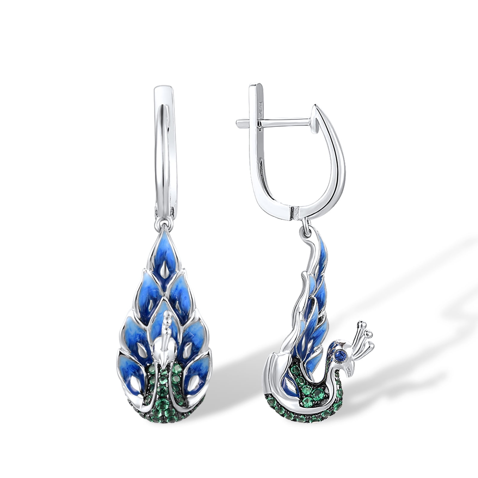 Santuzza 925 Sterling Silver Gemstone Peacock Dangle Earrings Blue Nano Cubic Zirconia Enamel Peahen Drop Earrings for Women