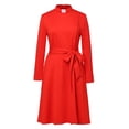 thumbnail image 2 of Afinprain Womens Clergy Long Sleeve A‑Line Dress with Tab Collar Tie Belt Side Buttons, 2 of 7