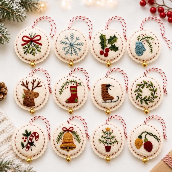 12PCS DIY Felt Christmas Ornament Kit,Hand Embroidery Christmas Ornaments kit, Beginner Craft Set for Adults, Hanging Set, Cross Stitch Pattern, Decoration Making Materials, B