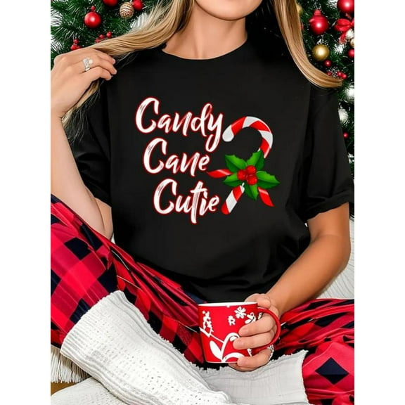 Women's Candy Cane Graphic Cotton T Shirt Casual Comfortable Short Sleeve Round Neck Top Black S-5XL