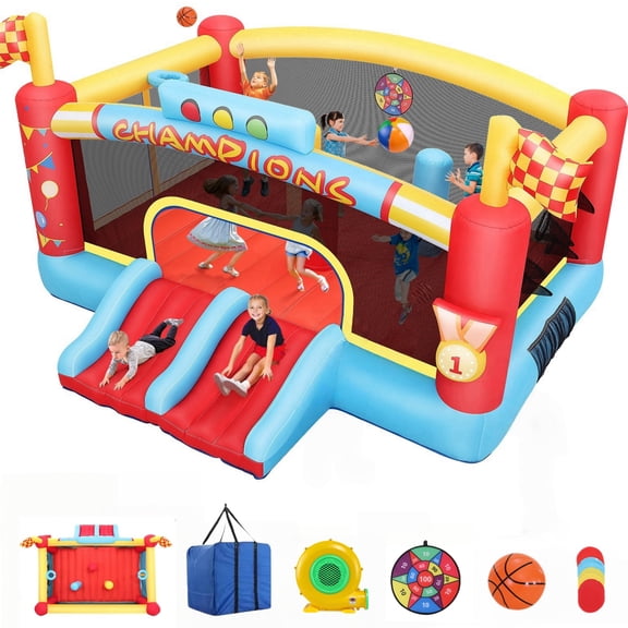 Veeboto Inflatable Bounce House with 550W Blower, Big Bouncy House with Double Slide, Jumping Area, Ball Basket, Ball Net, Target, Obstacle Post, Indoor & Outdoor Jumping Castle for Kids Aged 3-12
