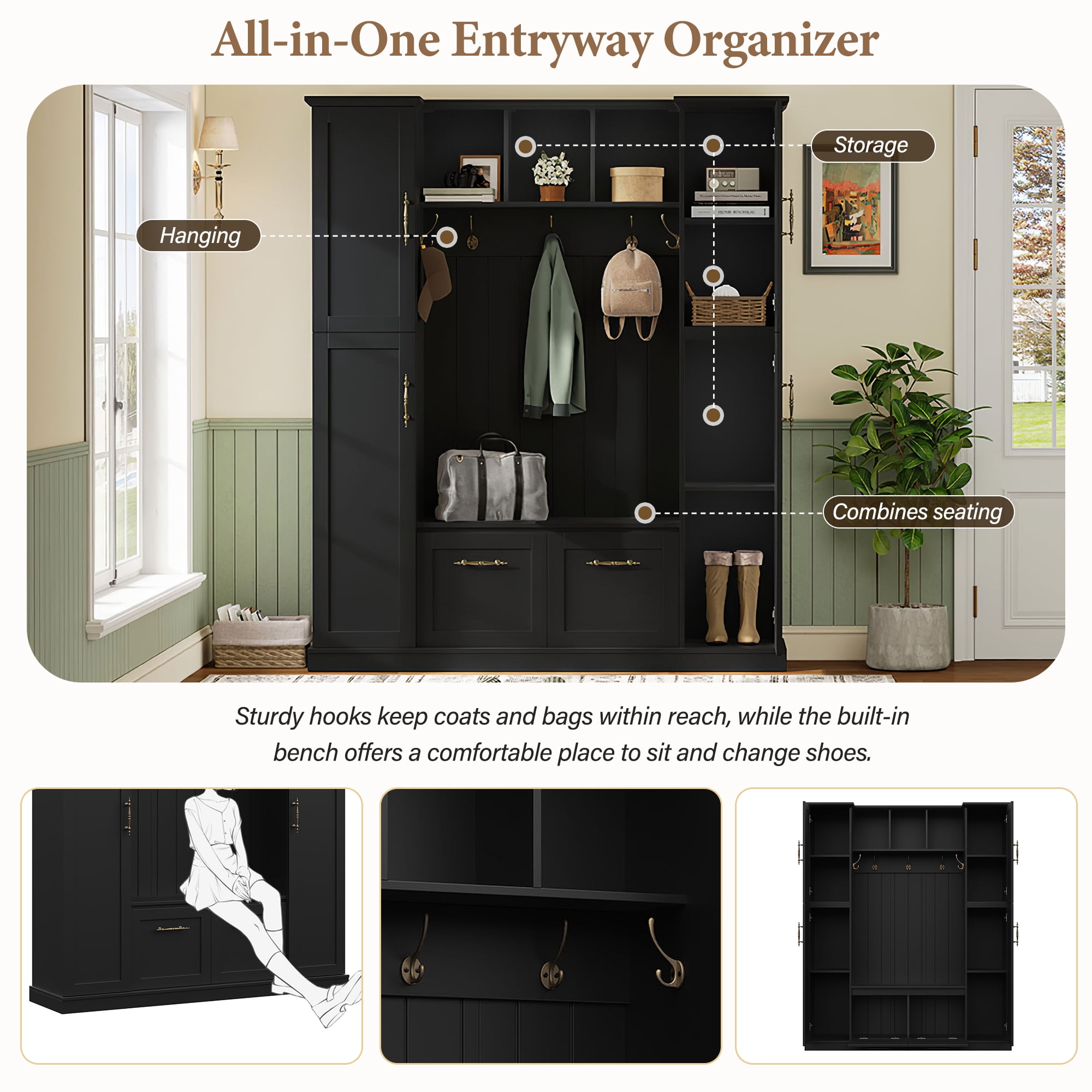 Aukfa 3-in-1 Large Hall Tree with Storage Bench, Mudroom Entryway Bench with 4 Side Cabinets & 5 Hooks,Black