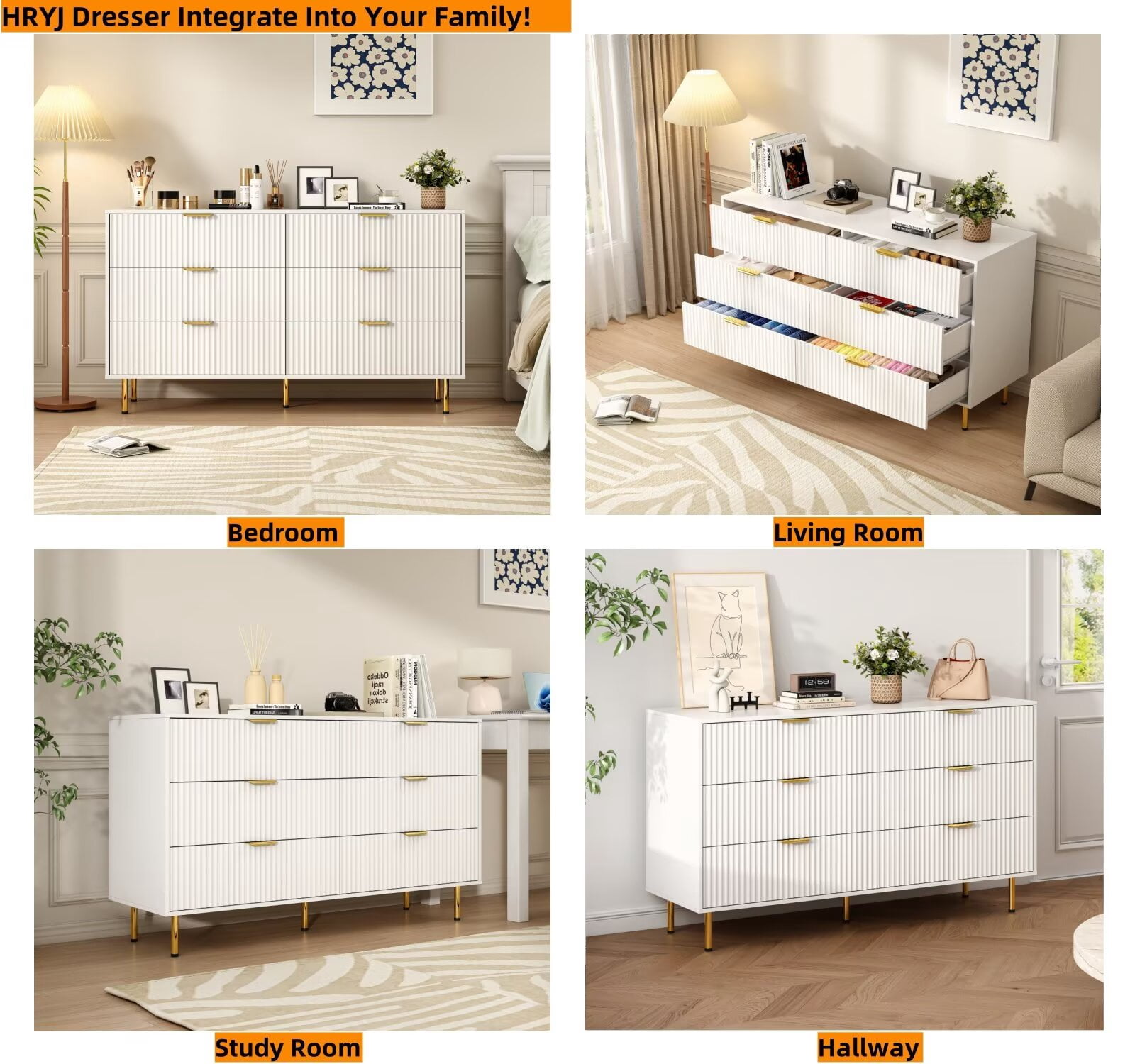 56" Wide White 6 Drawers Dresser for Bedroom, Fluted Storage Chest of Drawers Living Room