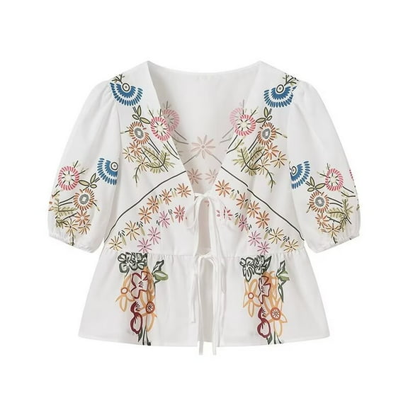 EINCcm Women's Y2K Bow Tie Front Babydoll Blouse Puff Short Sleeve Peplum Ruffle Hem Tshirt Summer Going Out Tops