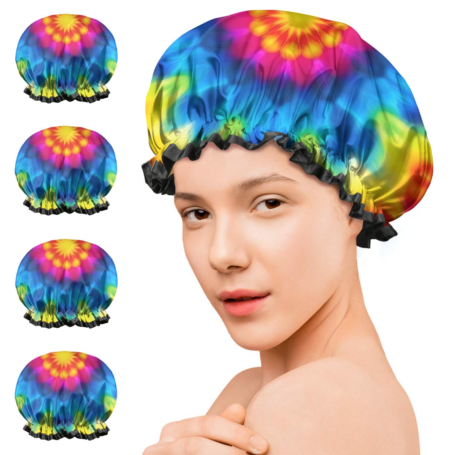Shower Caps,Colorful Tie Dye Mandala Pattern Waterproof Shower Cap for Women 4 Pieces,Double Reusable Hair Cover for Shower PEVA Elastic Stretch Hem