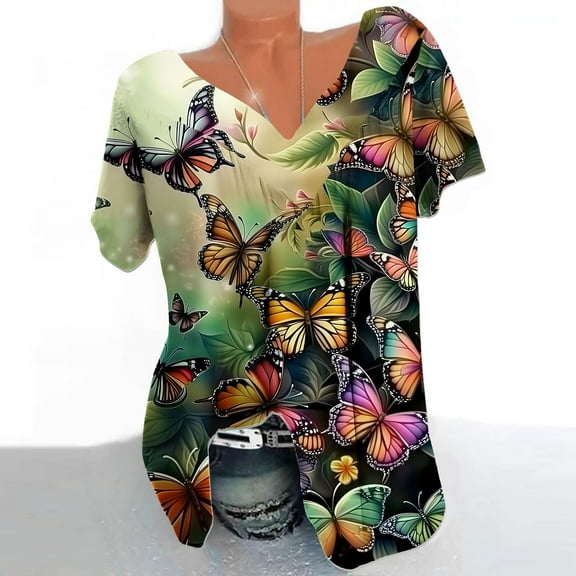 Giftesty Blouses for Women Dressy Casual Women Plus Size Short Sleeves V-Neck Print Blouse Pullover Tops Short Sleeve Blouses