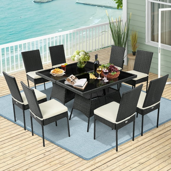 Costway 10PCS Patio Rattan Dining Set Cushioned Chair Table with Glass Top Garden Furniture