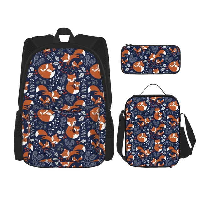 Easygdp Cute Foxes Mochila para Niños y Niñas con Set de Caja de Almuerzo y Estuche para Lápices 3 en 1, Mochila Escolar Estampada para Adolescentes