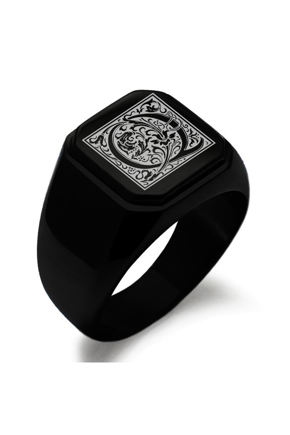 Stainless Steel Letter Q Initial Floral Box Monogram Engraved Engraved Square Flat Top Biker Style Polished Signet Ring