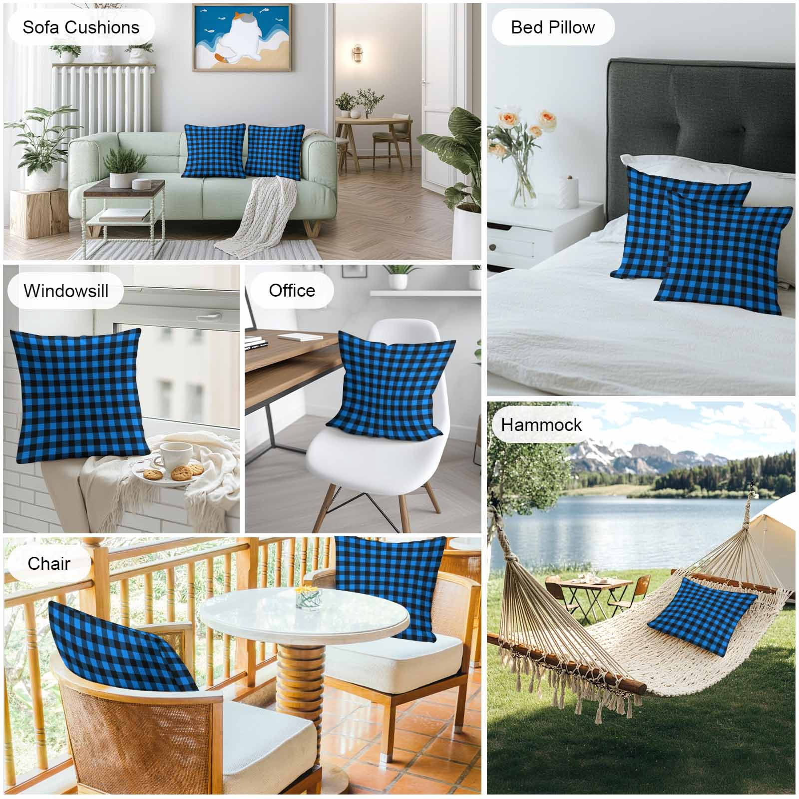 Black Blue Plaid Outdoor Pillow Covers 20x20 Inch Throw Pillow Covers Set of 2 Waterproof Decorative Pillow Cases Country Buffalo Checked Gingham Cushion Covers for Patio Furniture Garden Couch Sofa