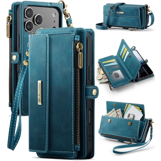 Funda tipo cartera para iPhone 17 Pro Max: funda de piel sintética con bloqueo RFID, tarjetero, bolsillo con cremallera, soporte, cierre magnético y correa para el hombro y la muñeca