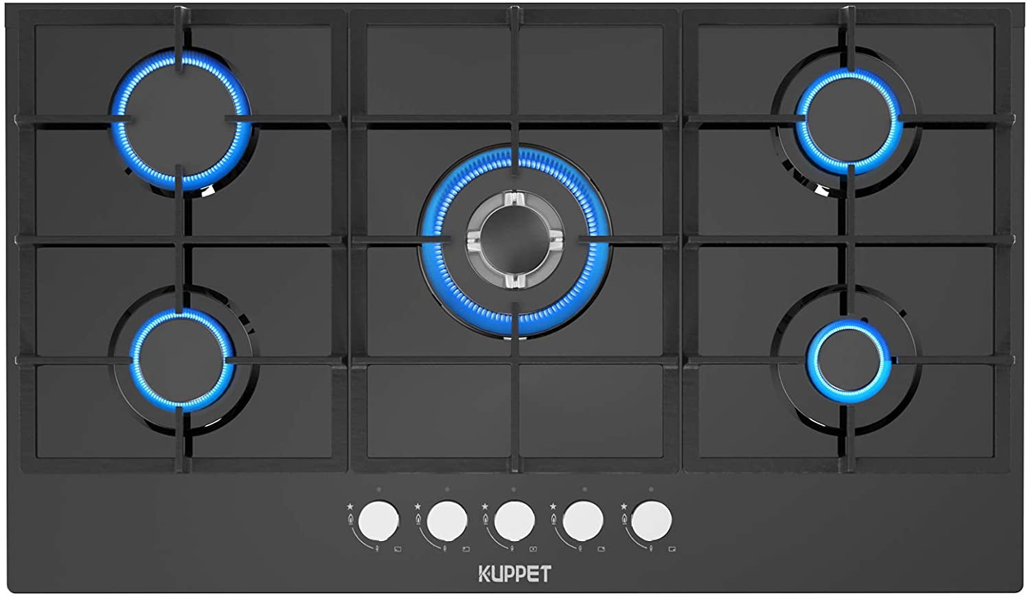 NG/LPG Convertible ETL Certified 36 Built-in Gas Cooktop KUPPET QB5903 Gas Stove with 5 Booster Burners Smooth Surface Black Tempered Glass 5 Italy Sabaf Sealed Burners 