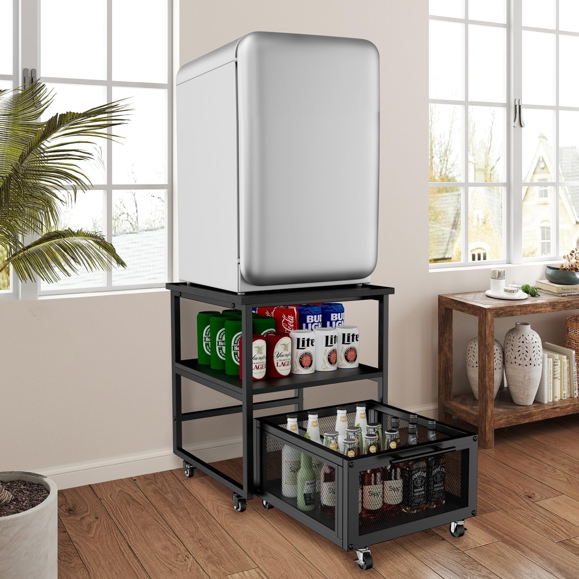 ANMINY 21.7x21.7in Mini Fridge Stand with Lockable Wheels & Storage - 23.6" Ergonomic Height, 350lbs Capacity Heavy Duty Mobile Compact Fridge Shelf for Dorm, Office, Bedroom