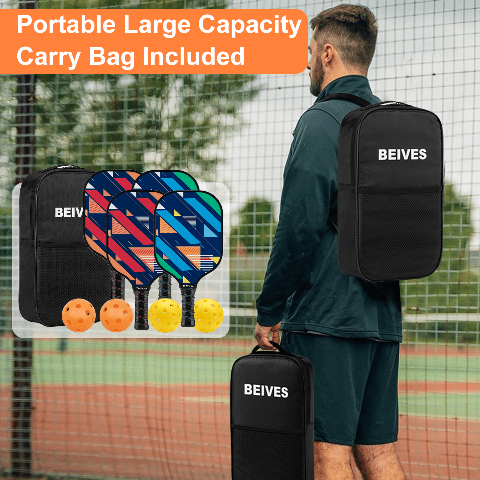 BEIVES Durable Fiberglass Pickleball Paddle 4-Paddle Set - Includes 4 Balls & Carry Bag, Perfect for Family & All Skill Levels