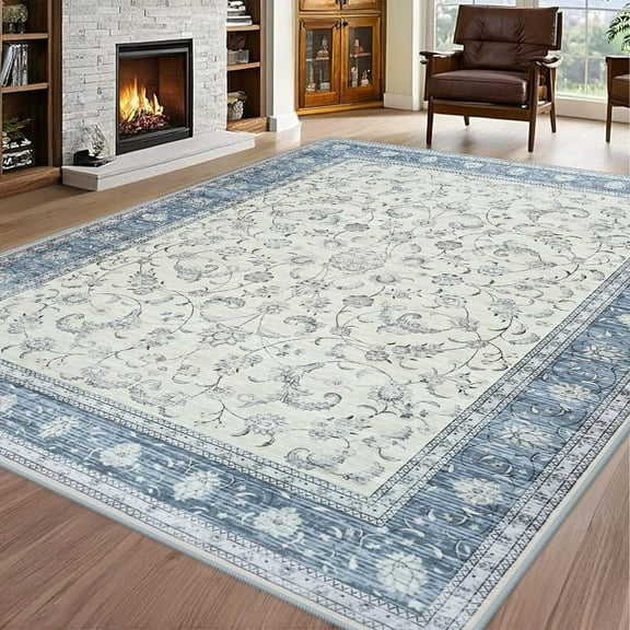 Jamfeel 4x6 Washable Area Rugs Vintage Distressed Floral Print Rugs Low Pile Carpet for Living Room Beige and Blue