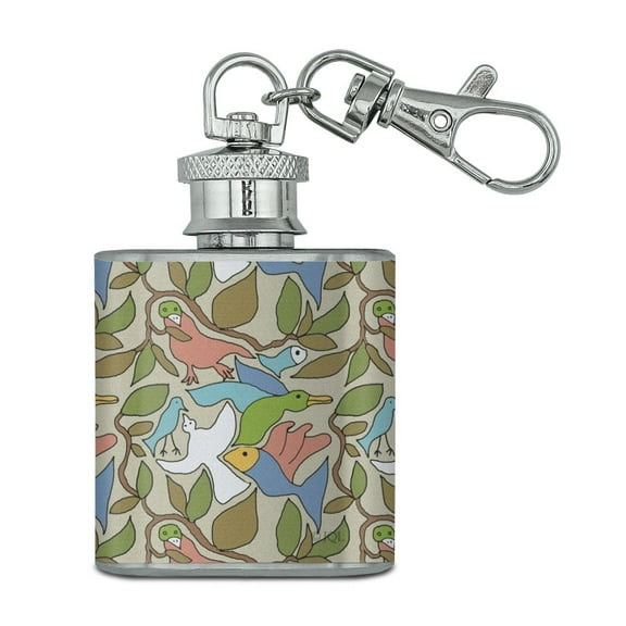 Fish Flying with Birds Pattern Stainless Steel 1oz Mini Flask Key Chain