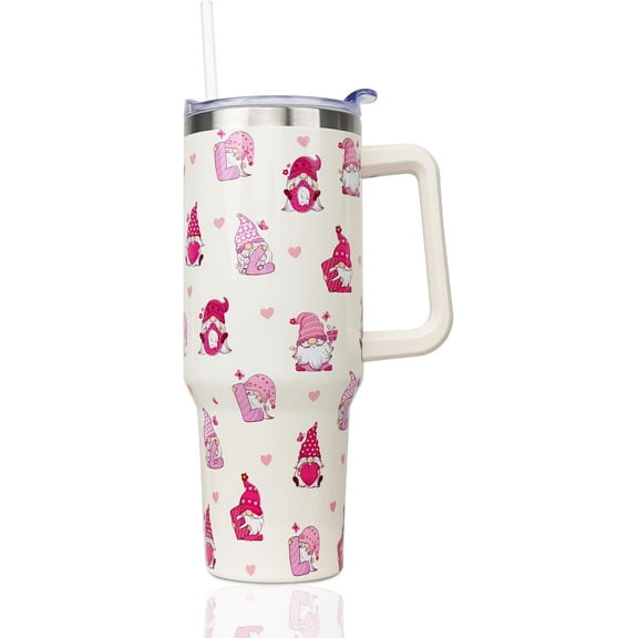 40 oz Valentines Tumbler with Handle and Straw, Stainless Steel Insulated Gnome Heart Tumbler 40 oz, Reusable Valentines Day tumbler with Leak Proof Lid, Valentines Day Gifts for Her