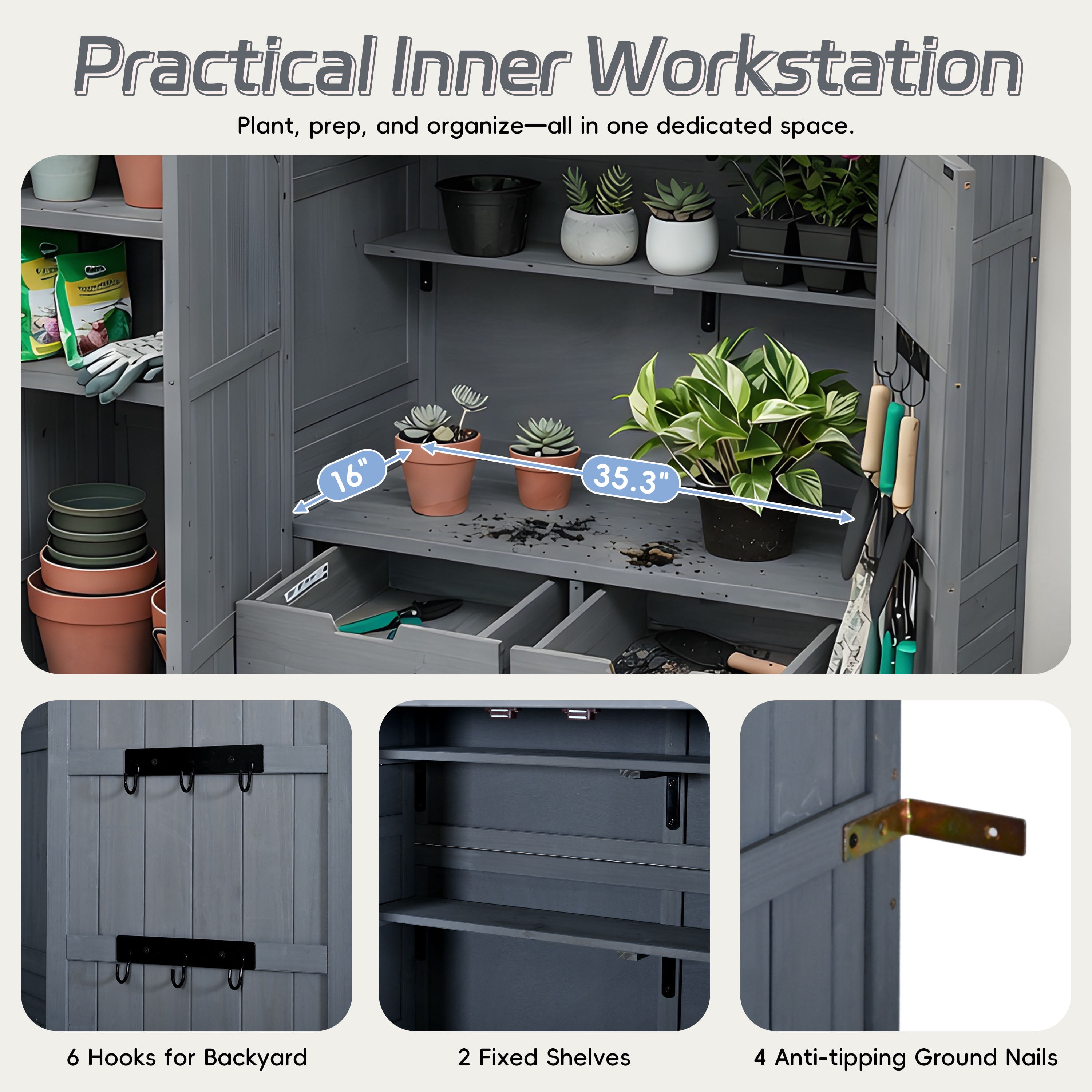 Harper & Bright Designs Patio Garden Shed Storage, Wood Outdoor Storage Cabine with Doors and Shelves Drawers, Tall Patio Shed with Workstation and Waterproof Roof for Backyard, Gray
