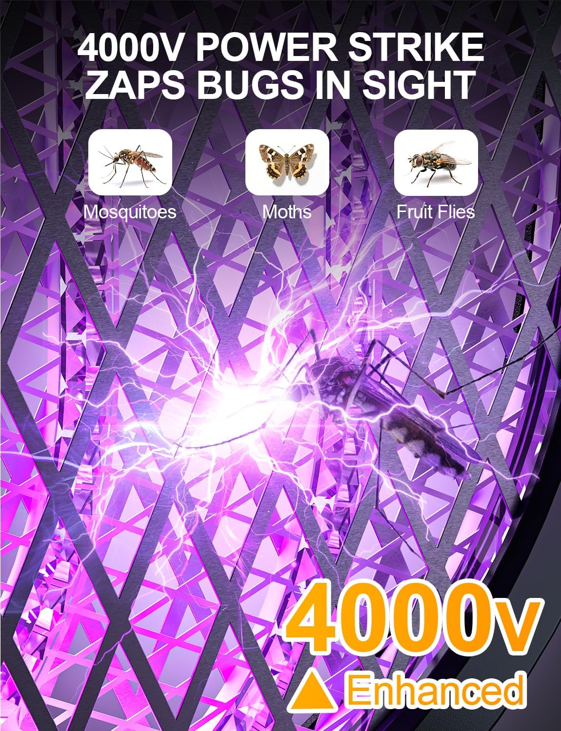 Electric Fly Swatter 4000V Bug Zapper Racket with 1800mAh Rechargeable Battery 5-Layer Safety Mesh Dual Modes 180° Foldable Ideal for Indoor or Outdoor Use (Black)