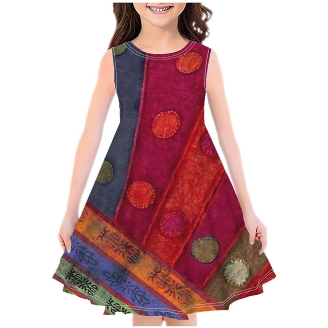 Zwiiyzr Robe d'Été pour Petites Filles 4-14 Ans Col Rond Sans Manches Robe Décontractée Florale Bourgogne
