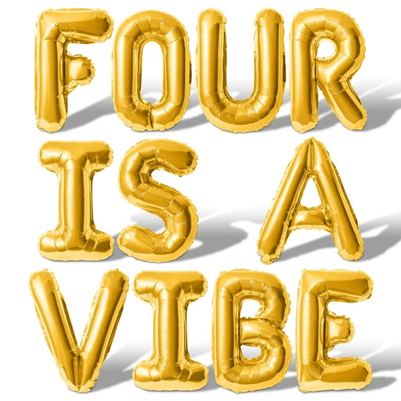 Letter Balloons - FOUR IS A VIBE 16" Inch Alphabet Letters Foil Mylar Balloon 4th Birthday Party Banner (Gold)