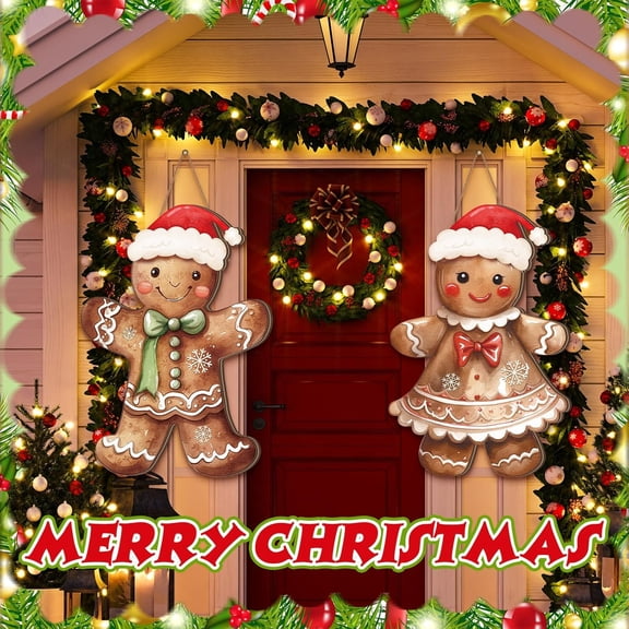 2 Pcs Gingerbread Christmas Decorations Christmas Wreath for Front Door Gingerbread Man Hanging Signs Rustic Wooden Welcome Signs Ginger Bread Decor for Home Porch Walls Yard Indoor Outdoor