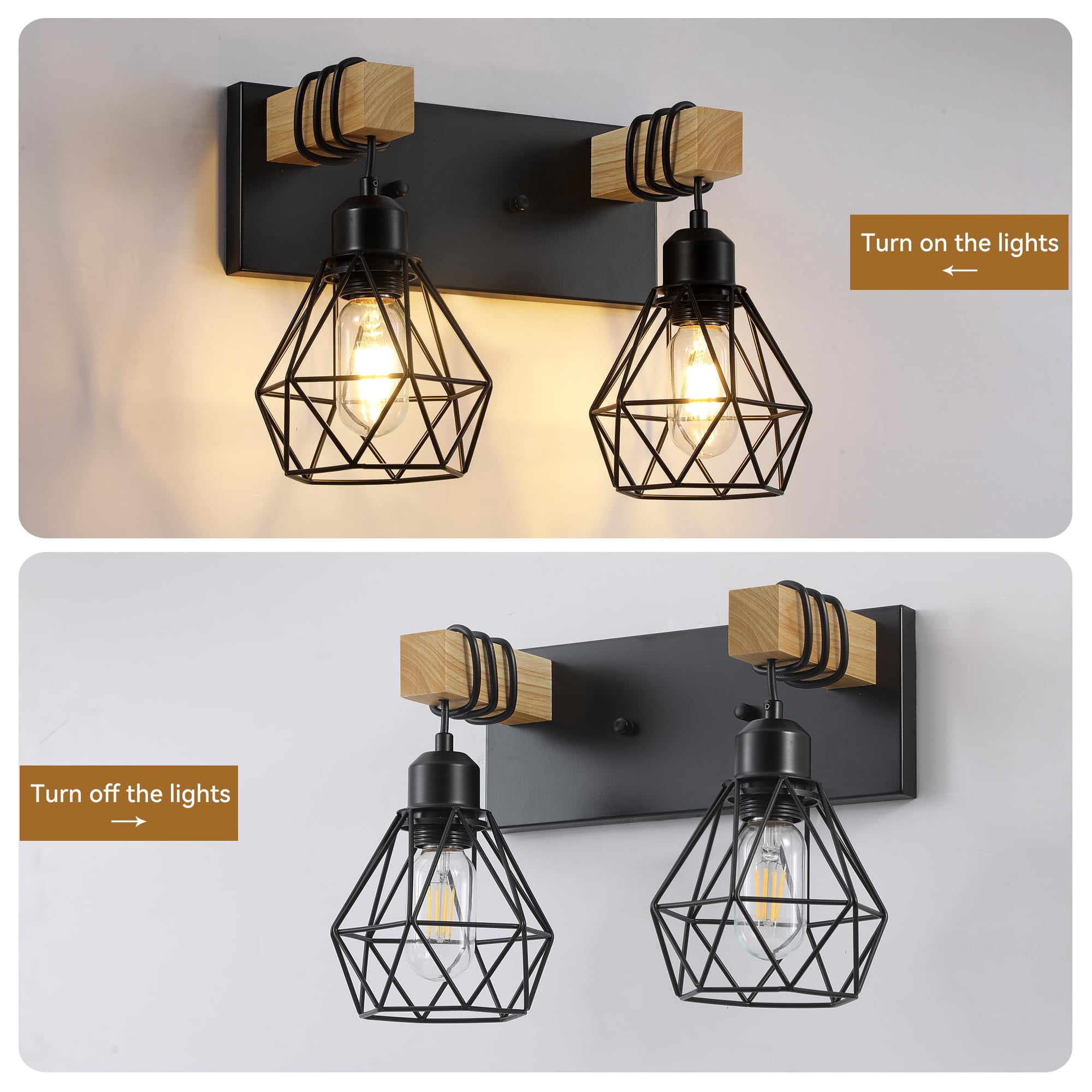 2-Light Black Vanity Light Wood Fixture Rustic Wall Lighting for Bathroom Bedroom Hallway